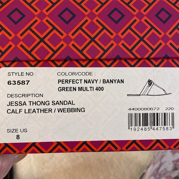 Tory Burch Jessa Leather Textile Thong Sandal Navy Green Gold Hardware Size 8 - Picture 7 of 7